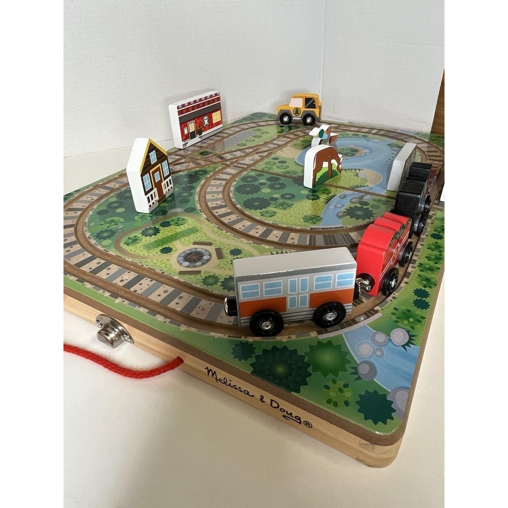 Melissa & Doug 21 Piece Wooden Take-Along Tabletop Railroad W/ Train, Bus & More